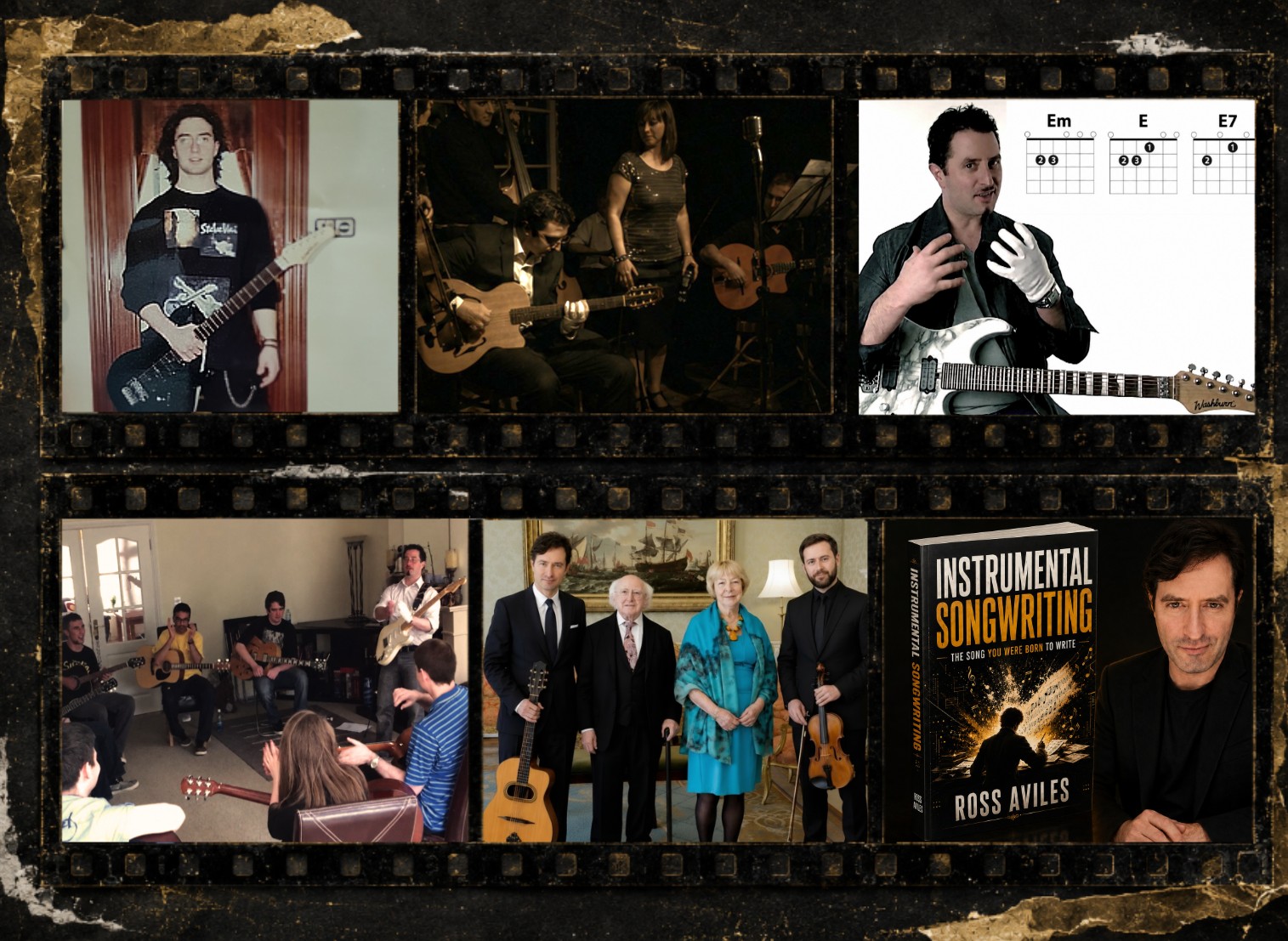 Collage of Ross Aviles teaching, performing, composing and meeting the President of Ireland